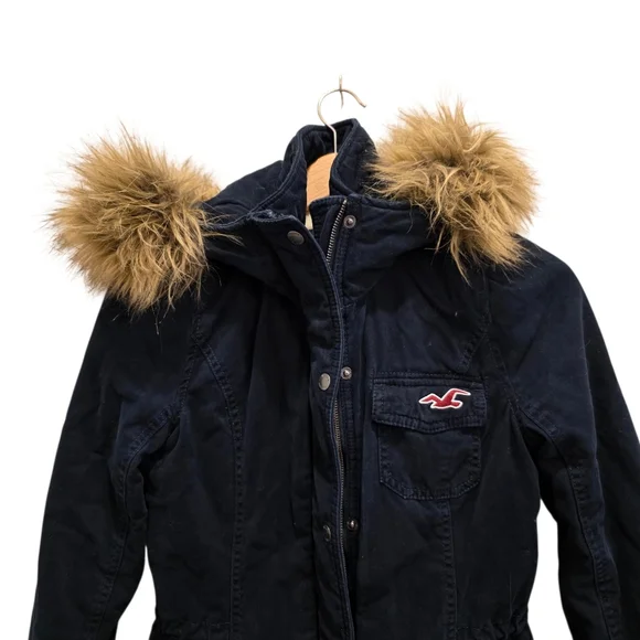 Hollister Y2K Navy Blue Hooded Utility Coat Sherpa Lined Jacket Women's Size M - Picture 2 of 16